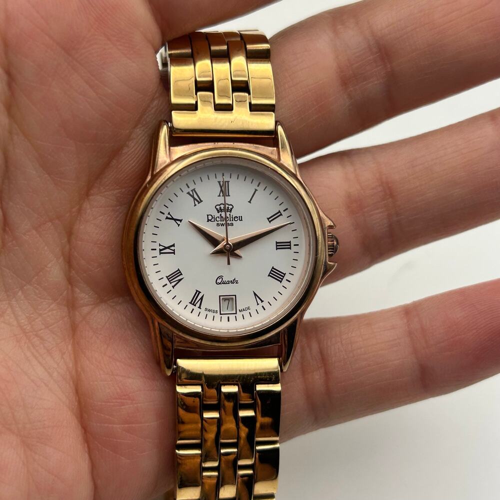 Richelieu Swiss Rose-gold White Dial St. Steel Quartz Watch Working New Battery - Picture 7 of 8